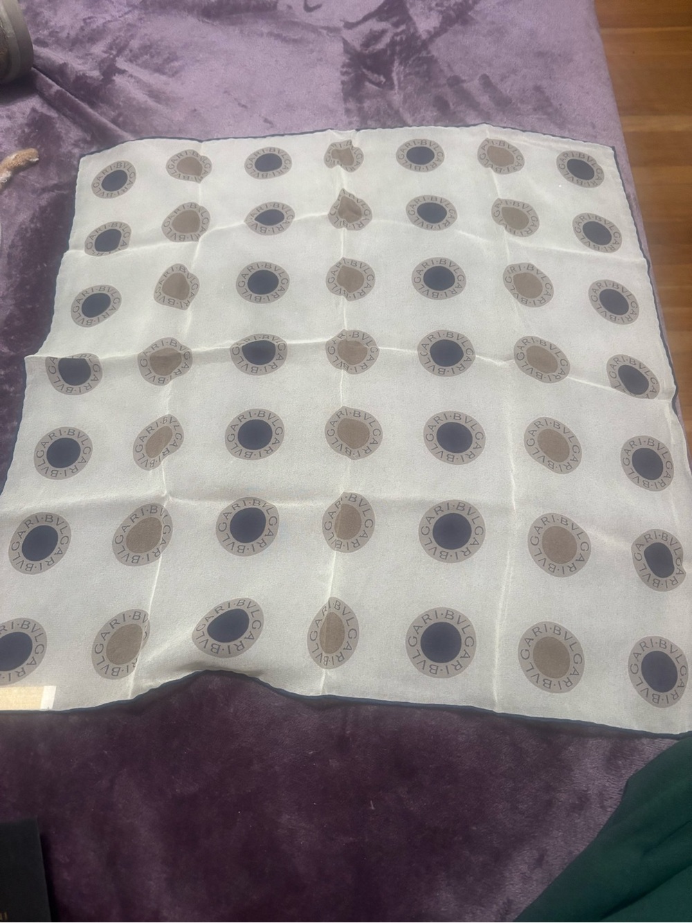 Bvlgari Cream Scarf with Beige Rings and  Navy Centers.  Cream Navy & Taupe